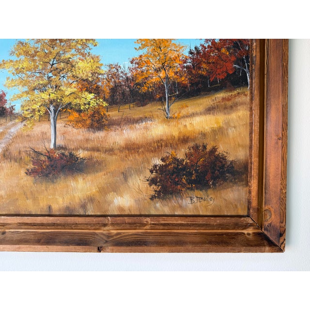 1970’s B. J. Bailey Autumn Country Path Landscape Oil on Canvas Painting, Rustic Wood Framed For Sale - Image 9 of 12