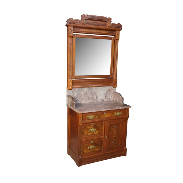 Victorian Antique Victorian Eastlake Walnut Burl Marble Washstand & Mirror Commode Cabinet For Sale - Image 3 of 18
