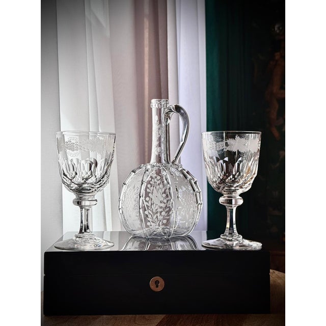 Antique Engraved Glass Claret Jug with Crystal Wine Goblets, 1890s, Set of 3 For Sale - Image 5 of 18