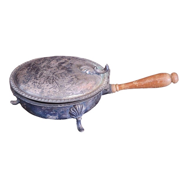 Late 1800s Silverplate Chafing Dish, Ornate Tripod Legs, Mask Motifs, Brass Interior, Wooden Handle For Sale