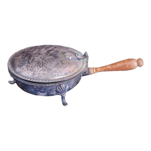 Late 1800s Silverplate Chafing Dish, Ornate Tripod Legs, Mask Motifs, Brass Interior, Wooden Handle
