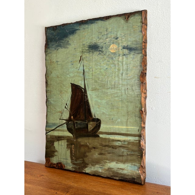 1970s Moody Nautical Sailboat Wood-Mounted Nocturne Print For Sale - Image 4 of 8