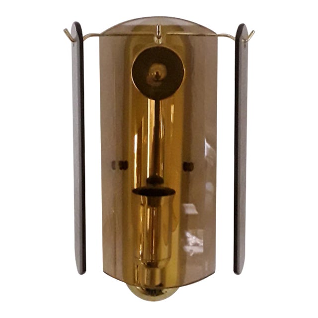 Vintage German Gold Plated Metal and Smoked Glass Sconce from Wortmann & Filz, 1970s For Sale
