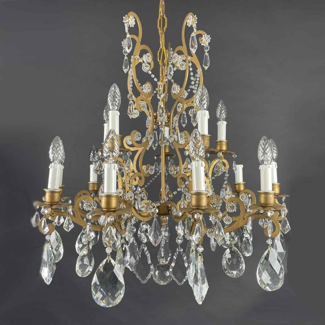 Chandelier in Gilded Iron and Crystals, 1950s For Sale - Image 3 of 11
