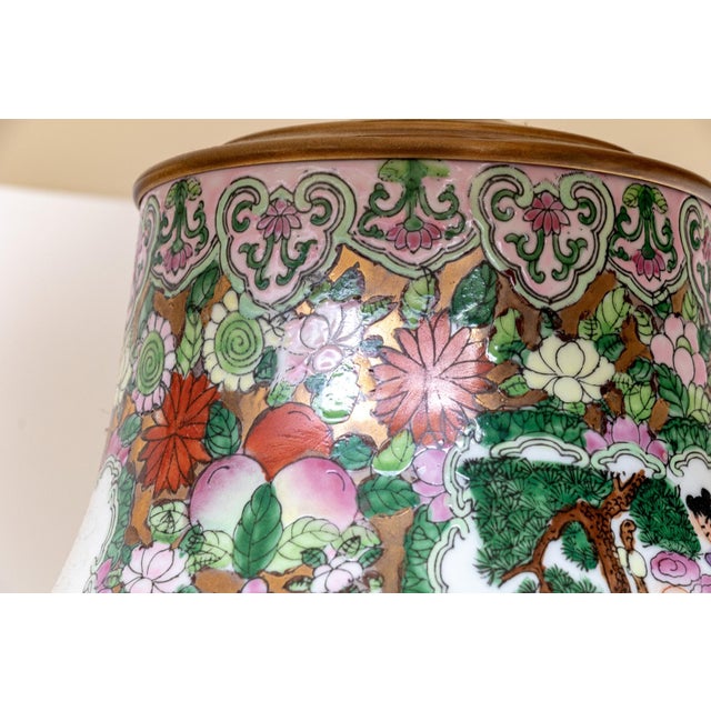 Chinese Famille Rose Millefleurs Hu-Form Porcelain Table Lamp | Figural Scenes | Mid-20th Century | With Shade For Sale - Image 10 of 13