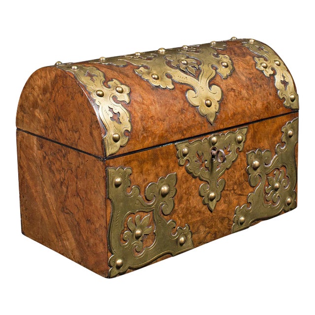 1870s Antique Victorian English Burr Walnut Domed Top Caddy For Sale