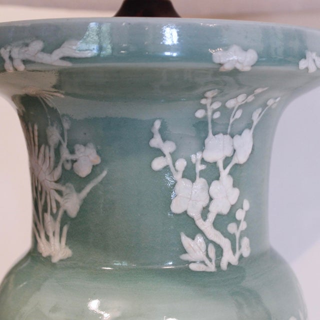 Chinese Celadon Pâte Sur Pâte Botanical Ku Vase Lamp For Sale - Image 6 of 11