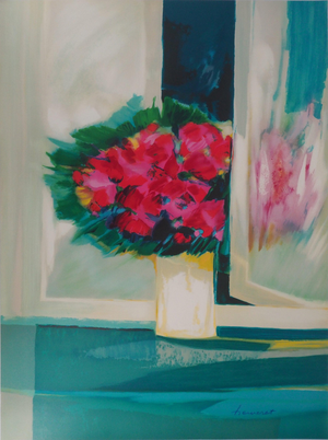 Claude Hemeret, Bouquet rose, Lithograph