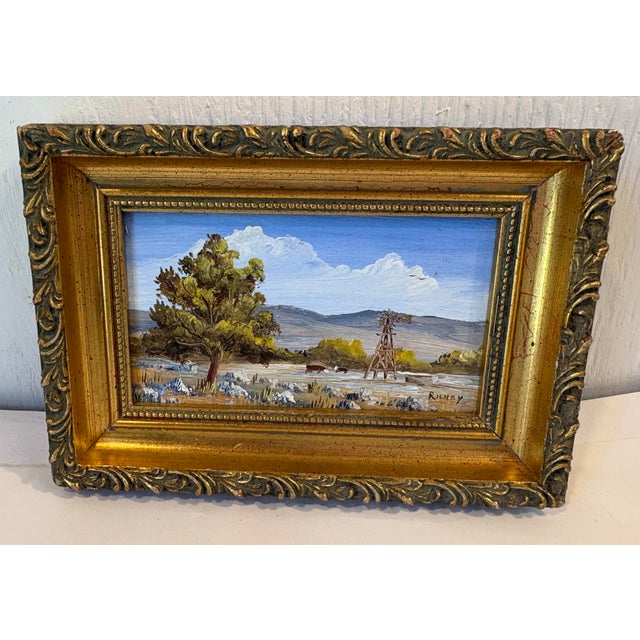 Lovely miniature framed and signed west texas painting by artist John W. Richey featuring cattle, a windmill and west...