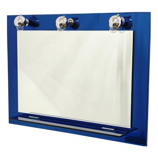 Italian Bathroom Mirror with Blue Ground Glass Shelf and Chromed Steel Diffusers, 1970s For Sale