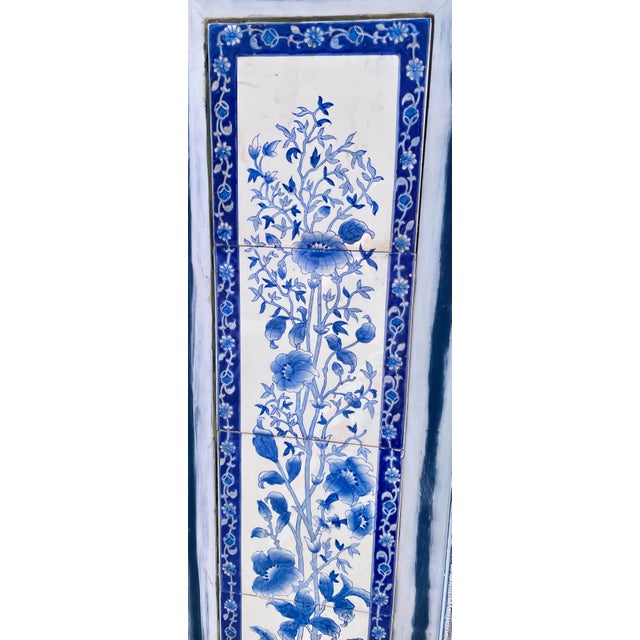 Mid 20th Century Pair of Framed Hand-Painted Chinoiserie Blue & White Ceramic Tile Panels From a Hollywood Props House For Sale - Image 5 of 11