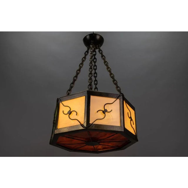 Mid-Century Octagonal Patinated Metal and Art Glass Pendant Light, Germany For Sale - Image 13 of 18