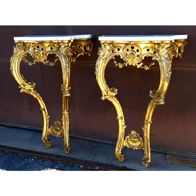 Pair 18th Century Rococo Style Carved Giltwood Marble Top Side Tables For Sale - Image 4 of 14