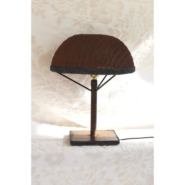 Early 20th century wicker lamp with a round wicker shade. Painted with a green striped wicker braid. Rare example of early...