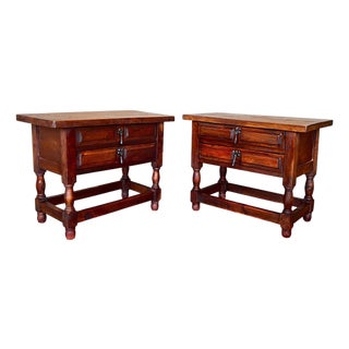 20th Century Pair of Spanish Nightstands with Two Drawers and Iron Hardware For Sale
