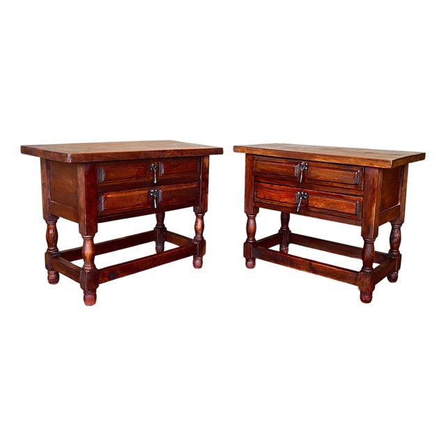 20th Century Pair of Spanish Nightstands with Two Drawers and Iron Hardware For Sale