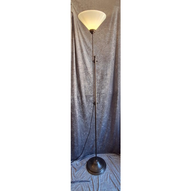 Vintage Height-Adjustable Floor Lamp with Patinated Brass Frame and White Glass Shade, 1980s For Sale - Image 3 of 7
