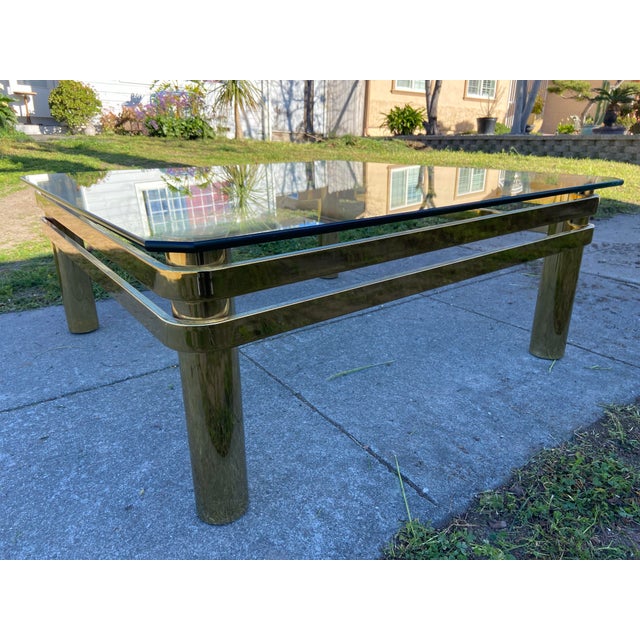 Milo Baughman Vintage Mid Century Modern Milo Baughman Style Brass & Glass Coffee Table For Sale - Image 4 of 12