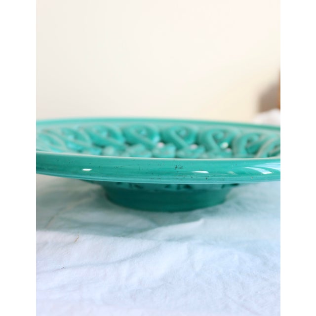 Large Vintage Turquoise Ceramic Bowl with Openwork Braided Pattern, 1950s For Sale - Image 4 of 8