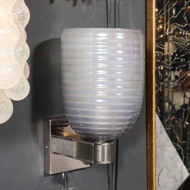 Modernist Hand-Blown Smoked Cerulean Hive Murano Glass & Nickel Fitted Sconces For Sale In New York - Image 6 of 12