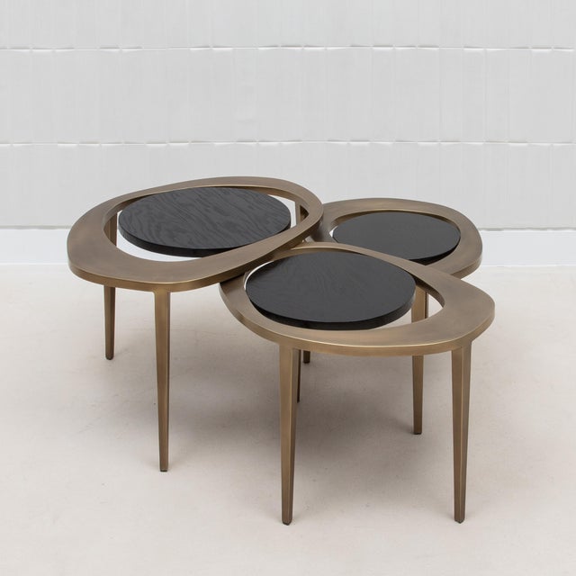 Modern Set of 3 Nesting Tables in Black Oak With Bronze Patina Brass by R&y Augousti For Sale - Image 3 of 11