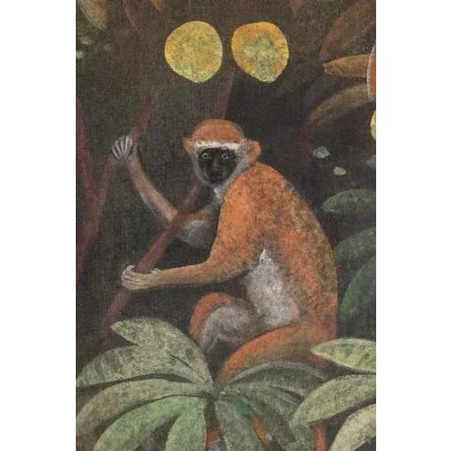 Painted canvas representing a monkey, two birds and a parrot on an exotic background. Work of contemporary French artists....