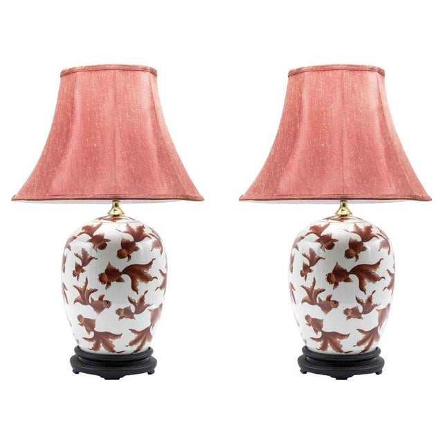 Ceramic Mid-Century Italian Red Fish Table Lamps in Porcelain with Wood Base, Set of 2 For Sale - Image 7 of 7