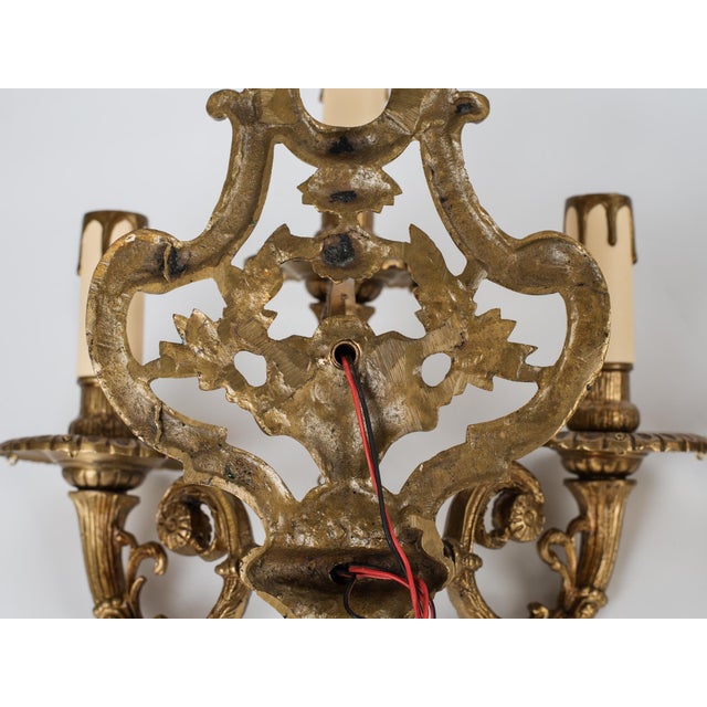 1950s Spanish Rococo Sand-Cast Brass 3-Light Sconces With Crystals - A Pair For Sale - Image 11 of 12