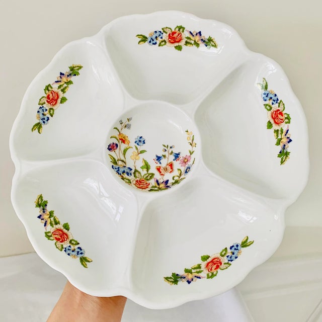 Off-white Vintage English Traditional Aynsley Butterflies Cottage Garden Platters Crudités Fine Bone China Dishes - Set of 2 For Sale - Image 8 of 13