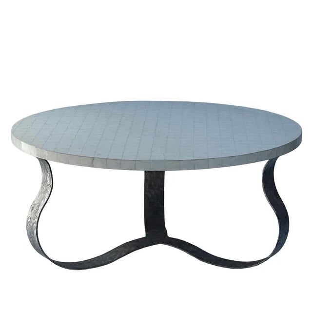 Mid-Century Modern 1980s Round Capiz Shell Coffee Table With Wavy Metal Base For Sale - Image 3 of 4