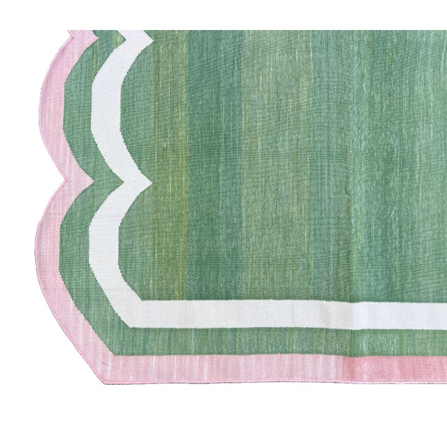 Handmade Cotton Vegetable Dyed Scalloped Rug, Moss Green With Cream and Pink Border - 8'x10' For Sale - Image 10 of 10