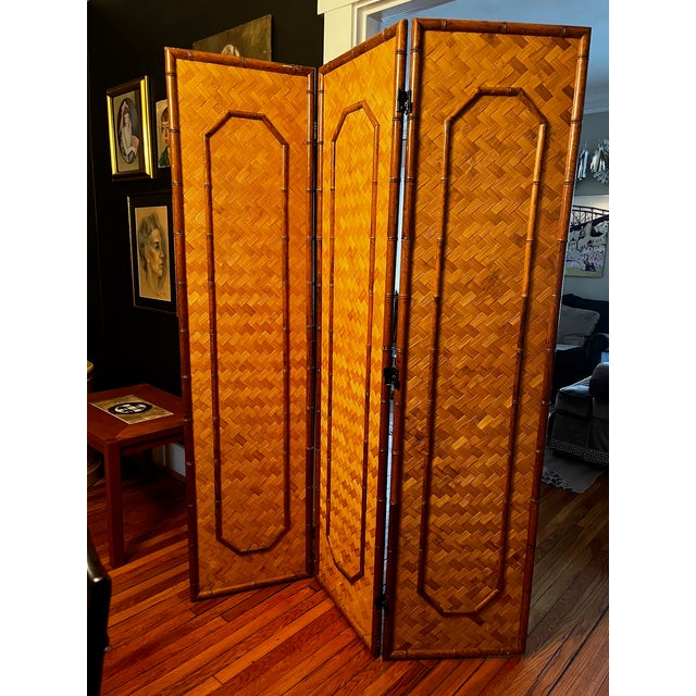 Hollywood Regency Bamboo and Woven Herringbone Rattan MCM Folding Screen For Sale - Image 3 of 7