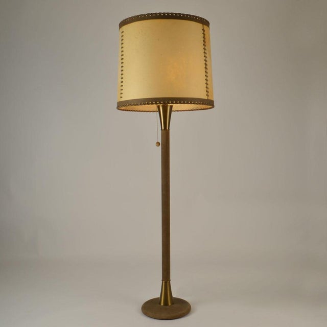 Brown Leather and Brass Floor Lamp with Parchment Shade, 1960s For Sale - Image 8 of 13