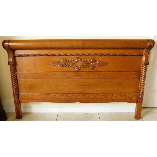 Antique C1900 Solid Oak Carved Wood Full Size Headboard and Footboard