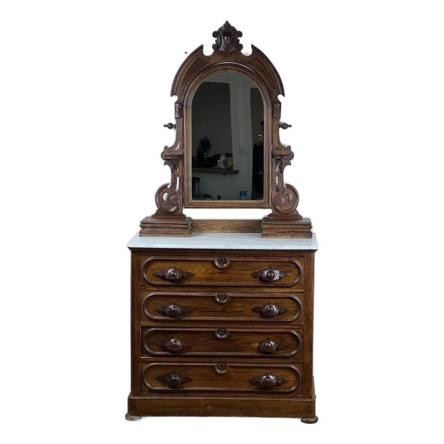 Antique Victorian Chestnut Four Drawer Marble Top Dresser C. 1900 For Sale