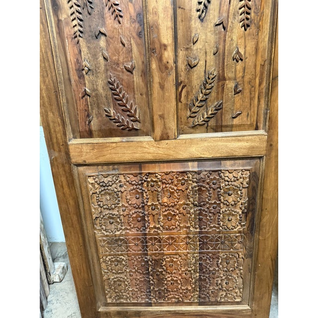 Mid-Century Modern Antique Indian Floral Carved Wood Door – Vintage Artistic Rustic Barn Door 96 For Sale - Image 3 of 7