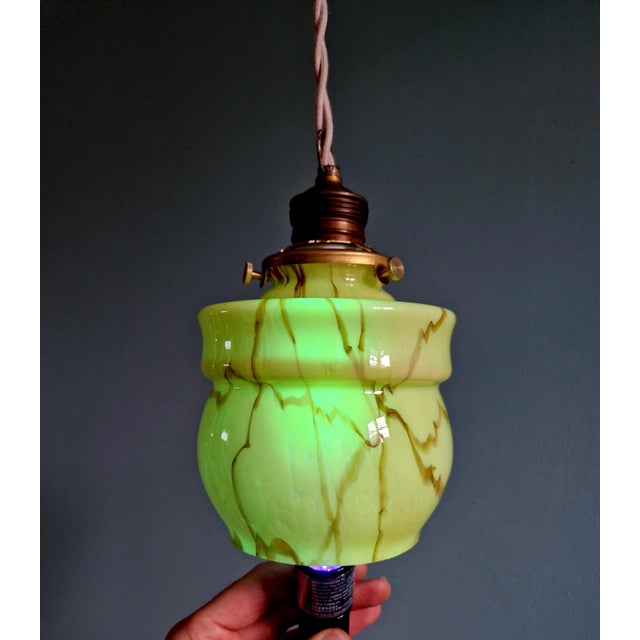 Art Deco Pendant Lights in Opaline and Marbled Uranium Glass from Scailmont, Belgium, 1930s, Set of 3 For Sale - Image 15 of 18