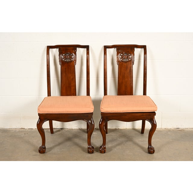 A gorgeous pair of mid-century modern Hollywood Regency, Chinoiserie, or Chinese Chippendale side chairs or dining chairs...