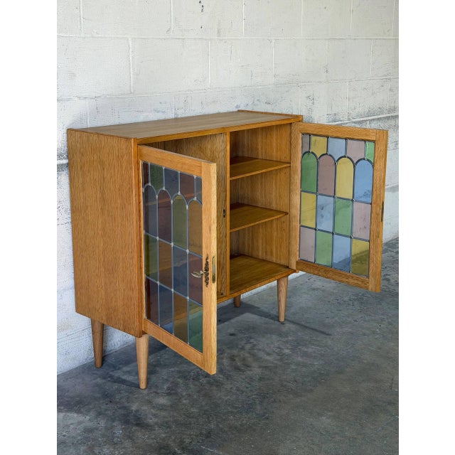 Oak Two-Door Cabinet With Multi-Colored Stained Glass Doors Danish Mid-Century Modern 1970s For Sale - Image 9 of 11