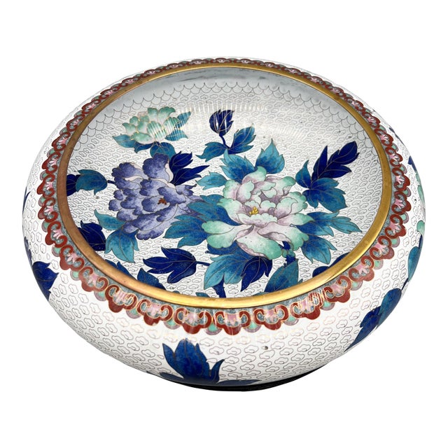 Large Cloisonné Floral Bowl With Peony Motif on Carved Wood Stand — Chinoiserie / Asian Traditional For Sale