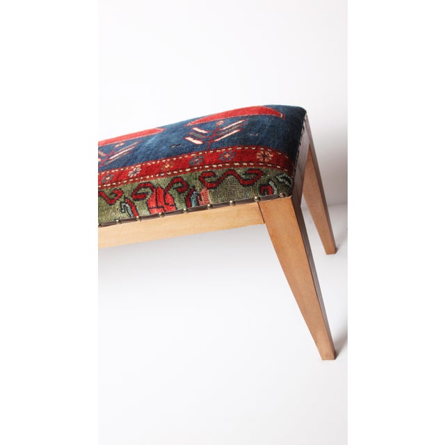Antique Kazak Wool Rug Upholstered Bench, Rustic Tribal Accent Bench With Wooden Legs For Sale In Tampa - Image 6 of 11
