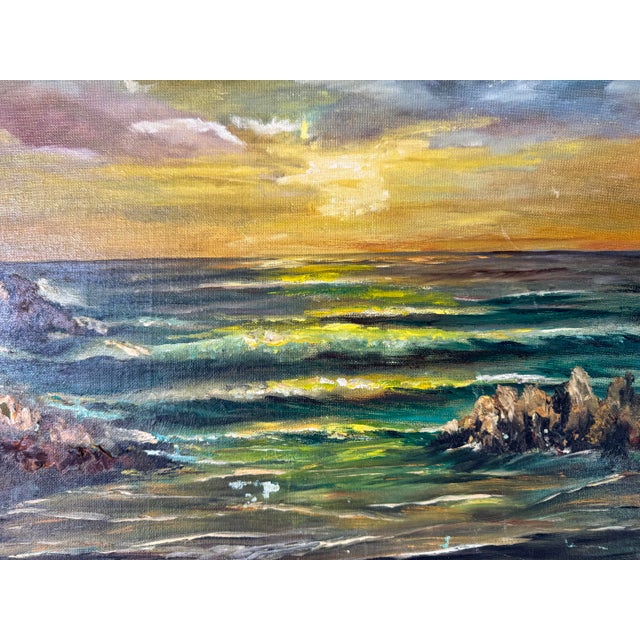 1970's Vintage Sunset Coastal Seascape Oil Painting by Fran S — Framed For Sale - Image 9 of 11