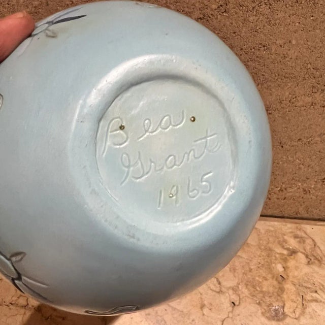 1960s 1965 Hand Painted Baby Blue Bowl Art Pottery Signed Bea Grant For Sale - Image 5 of 7