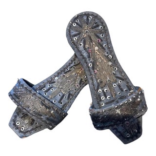 Antique Decorative Wooden Clogs, Hand-Embroidered With Silver Threads.- A Pair For Sale