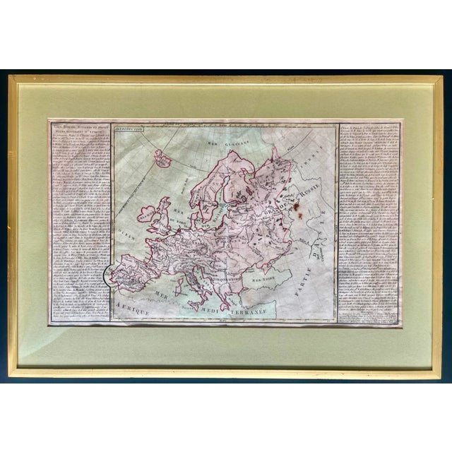 18th century hand colored copper engraving, a map of the the primary rivers and mountain ranges in Europe by Jean Baptiste...