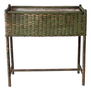 Antique Green Painted Wicker Jardinière Planter With Metal Liner For Sale