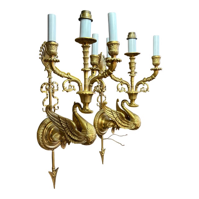 1990s Gherardo Degli Albizzi Pair of Matched Dore Bronze Solid Brass Swan and Arrow Wall Sconces 4 Lights For Sale
