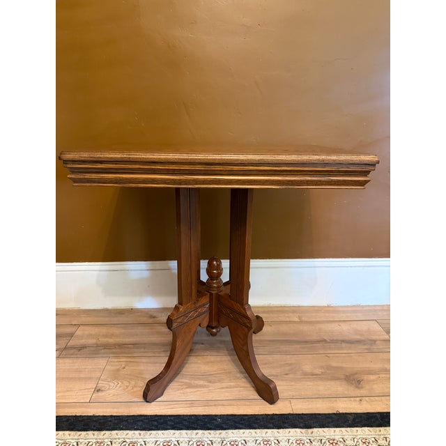 Antique Eastlake Victorian Oak Parlor Side Table With Carved Pedestal Base and Acorn Finial For Sale - Image 6 of 15