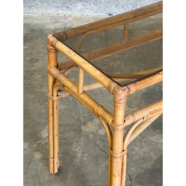 Tan Vintage Coastal Bamboo, Cane, and Glass Top Console Table For Sale - Image 8 of 12
