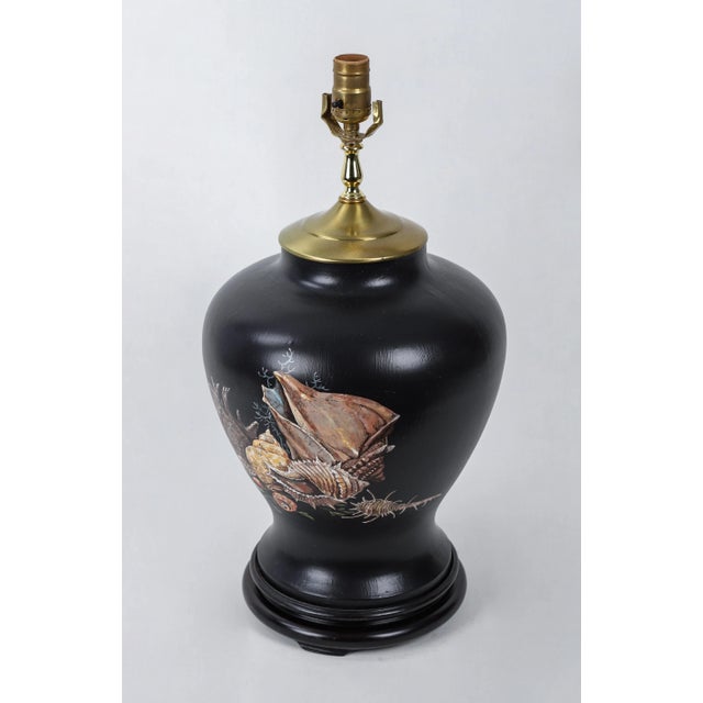 vintage Hand painted Temple jar table lamp. The hand-painted conch & sea shells on the vase is very realistic, and it...